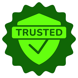 Circular badge with a check mark on a shield and the word trusted on top of it.