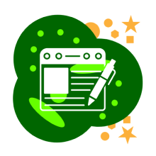 Icon of an app window with paragraph lines, image, and pen, surrounded by different shapes like stars and circles.