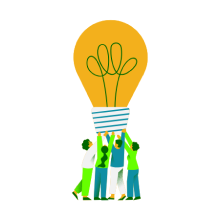 Several people raising a giant lightbulb.